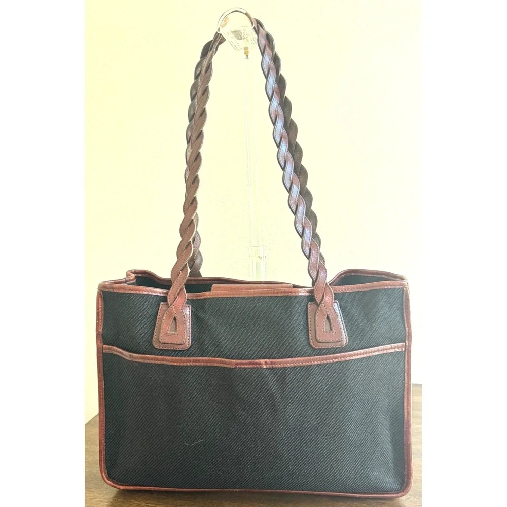 Brighton Jani‎ Tote Woven Black Fabric Brown Leather Trim Braided Handles Purse